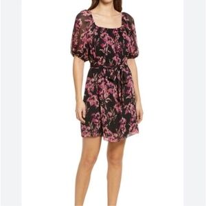 Charles Hendry Black and Pink Floral Print Mini Dress with Balloon Puff Sleeves